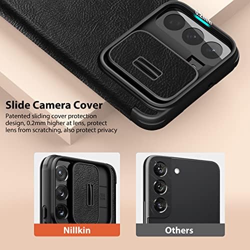 Nillkin para a caixa do Samsung Galaxy S22 com tampa da câmera e suporte de cartão, caixa de couro PU com capa de flip e proteção