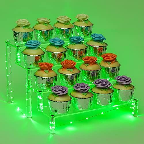Stand de exibição de 4 camadas com luz verde+suporte de cupcake de 4 camadas com luz rosa