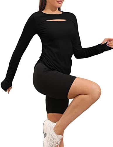 Aurgelmir feminino Casual Crewneck Camisas de exercícios de manga comprida recutada de ioga sólida com orifícios de