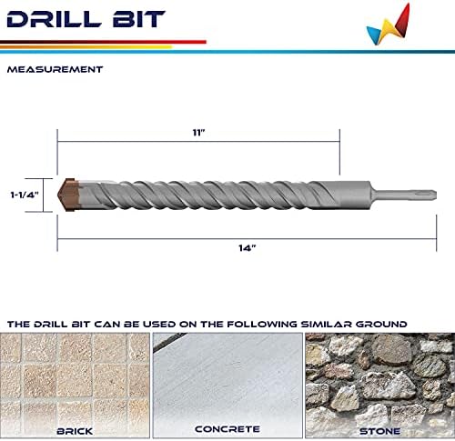 Windscreen4less 1-1/4 SDS Plus Bit de broca de martelo para martelo de alvenaria rotativa de cimento de concreto