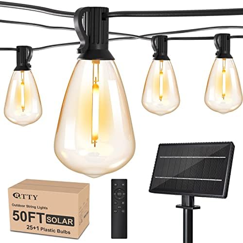 RTTY Solar String Lights Outdoor WaterPoof 50 pés com 25pcs Bulbo ST38 ST38 Dimmable Surfatrop ST38, Bistro solar remoto, Cafe & Patio