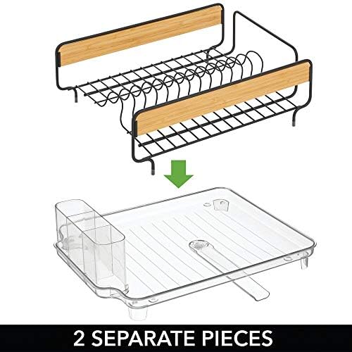 Mdesign grande bancada de cozinha, pia de secagem de prato com detalhes em madeira de bambu - bandeja de talheres removíveis e drenagem com natural/preto