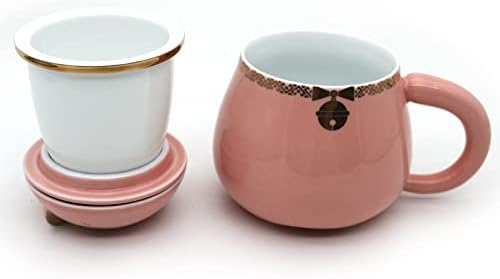 Xícara de chá de cerâmica com infusor e tampa, caneca de chá de gato fofo com filtro de porcelana, conjunto de chá requintado, adequado para vida de vida profissional rosa