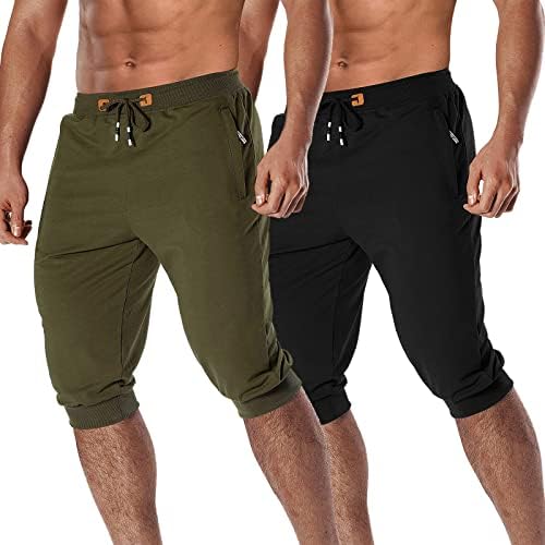Chexpel Men 3/4 -Jogger Shorts Capri Pants abaixo do treino de algodão do joelho Longo com shorts com bolsos com zíper