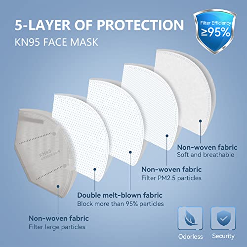 Halidodo 100 pacotes embrulhados individualmente KN95 Face Face Mask de 5 camadas de filtro respirável e confortável Máscara de segurança com laço de ouvido elástico e clipe da ponte do nariz, máscara protetora da tampa da face, várias cores