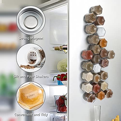 Conjunto homazante de 24 frascos de especiarias magnéticas para geladeira, potes de especiarias magnéticas de vidro hexagon com