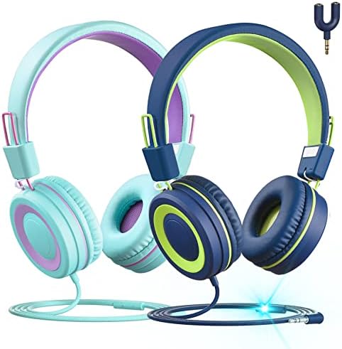 Fones de ouvido Klylop Kids com microfone-91dB Volume Safe Limited, sons estéreo, fones de ouvido com fio para crianças adolescentes compartilhando divisor, fone de ouvido dobrável sem emaranhado para escola/tablet/viagem