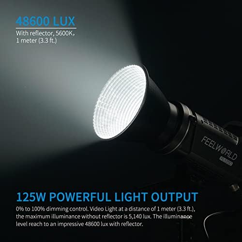 FEELWORLD FL125D 125W VIDIO ESTUDIO DE VÍDIO COM LIGUNDA DE DIA 5600K CRI96+ TLCI97+ 48500LUX@1M para filmes, transmissão