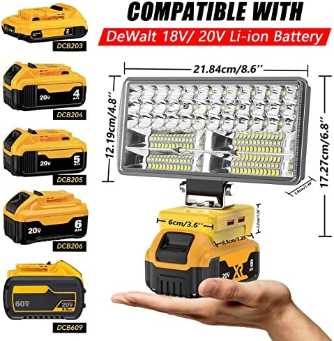 Max 6000 lm 38w 2 modos sem fio LED LUZ COMPATÍVEL COM DEWALT 20V 60V MAX FLEX BATERAGEM, 2X2.1A LED LED LED LUZ