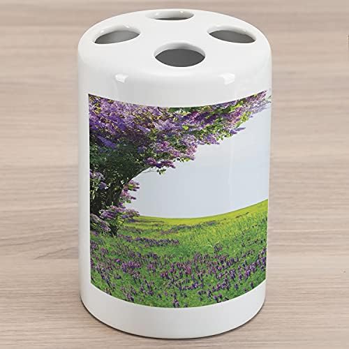 Suporte de escova de dentes de dentes de dentes de cerâmica lunarável, prado de lavanda com lilás Flores Tunnel Dreamy Inspirational Habitat Paisagem, bancada versátil decorativa para banheiro, 4,5 x 2,7, Green Lilac Green