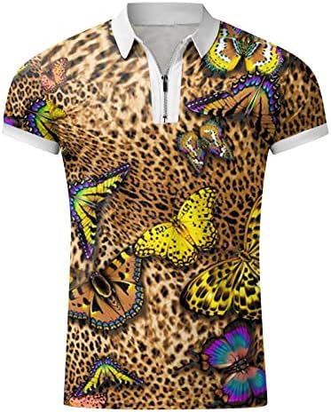 XXBR Mens Zipper Camisetas de Golfe Polo, Summer Sleeve Leopard Butterfly Print Graphic Sports Casual Tennis Top Cirl