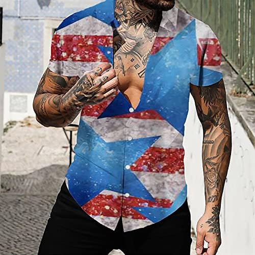 Summer Mens camisa Independence Day Bandeira 3D Cardigan Cardigan Casual Camisa de Manga Monante Macacão Macacão