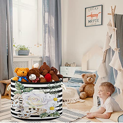 Visesunny Butterfly Flor Stripe Cestas de lavanderia Caixa de armazenamento de armazenamento de armazenamento de tecido de armazenamento cesto de cesto de brinquedos de cesto para banheiro, quarto, viveiro, armário, escritório