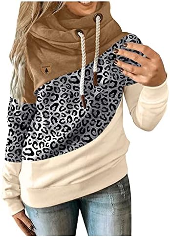 Moletas de contraste de leopardo fofo de mulheres moletons de tamanho grande de tamanho longo de mangas compridas Blouses de bolso de bolso casual