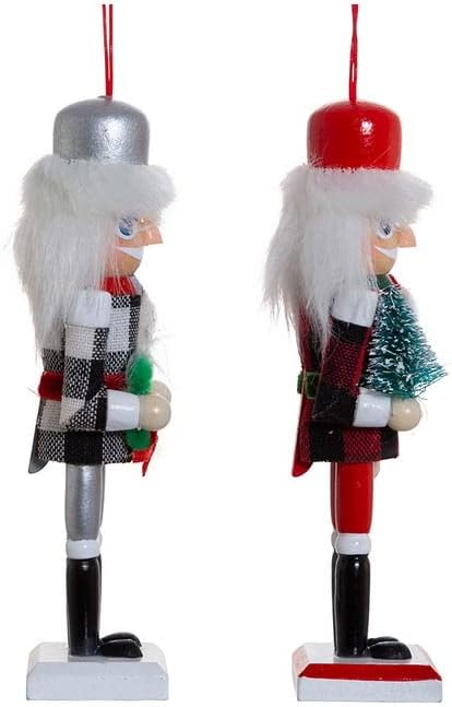 Kurt S. Adler 6 Conjunto de 2 Gingham Holiday Red preto Branco quebra -nozes soldados de madeira Ornamentos de árvore de Natal decoração