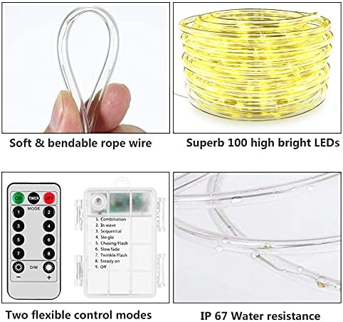 Luzes de corda LED Bateria operada, 33ft 100 LEDs Outdoor/Indoor Imper impermeável Luzes de fada 8 modos diminuídos/timer com controle remoto para a decoração de férias de jardim para festas de acampamento de Natal