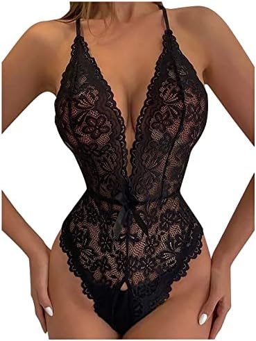 Mulheres One Piece Halter Lingerie Sexy Deep V Floral Lace Babydoll Sleepwear