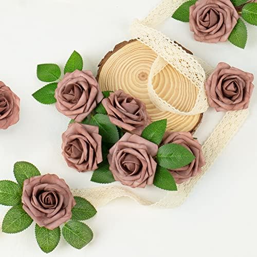 Mocoosy 50pcs Rose Flores artificiais, rosas empoeiradas realistas em massa de espuma rosa com haste para buquês de casamento de diy