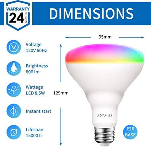 ANWIO LUZ SMART LUZ BR30 RGB Alteração de cor LED Wi -Fi Base de lâmpadas multicoloras e 26, compatível com Alexa,