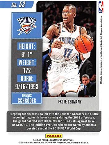 2018-19 Panini Concenders Season Ticket 53 Dennis Schroder Oklahoma City Thunder NBA Basketball Trading Card