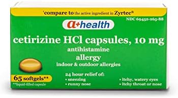 A+Health Cetirizine HCl 10 mg géis líquidos, anti -histamínico para alívio de alergia 24 horas, 65 contagem
