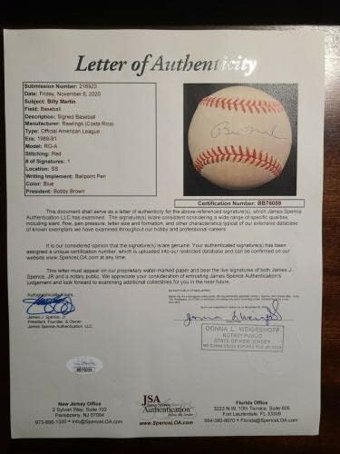 Billy Martin JSA CoA Autograph American League Oal Baseball - Baseball autografado