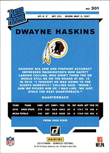 2019 Donruss Football classificou o novato #301 Dwayne Haskins Washington NFL Football RC RC ROOKIE CART