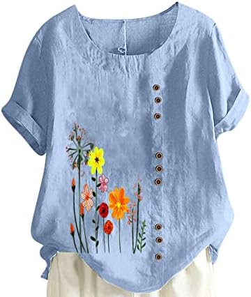 Ladies Crew linen linen algodão rosa margarida Flor gráfico de botão para baixo para cima PLUS TAMANHO Tampe camiseta para meninas