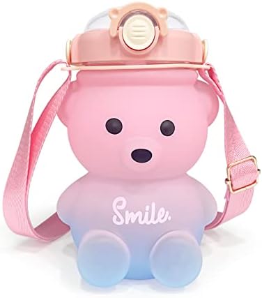 Garrafa de água de urso fofo de Upzai com alça e palha, garrafas de água infantis de 32 onças kawaii, copos de bebida de plástico à prova de vazamentos para garotas de camping esportivo para meninas