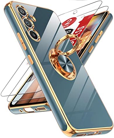 Leyi para a caixa do Samsung Galaxy A54 5G com protetor de tela de vidro temperado [2 pacote] 360 ° Rotative Ring Suport Kickstand, Caixa de proteção à borda de ouro rosa, cinza
