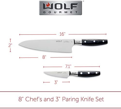 Wolf Gourmet Chef's e Paring Knife Set, ergonômico para conforto e controle, aço inoxidável de alto carbono forjado, ângulo de 12,5 graus, durável