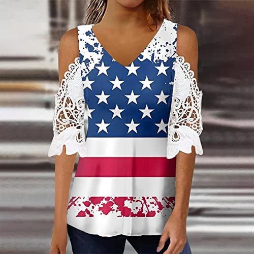 Camisas femininas imitação de grande imitação de algodão Independência Impressão do ombro Tops de verão para mulheres curtas