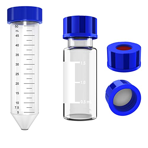 Combo de tubos de centrífuga e frascos de amostrador de 2 ml, [50ml, 25pcs] Tubos de parafuso à prova de vazamento de polipropileno estéril, 9-425 HPLC, tampa de parafuso, PTFE branco e septos de silicone vermelho, 100 pcs