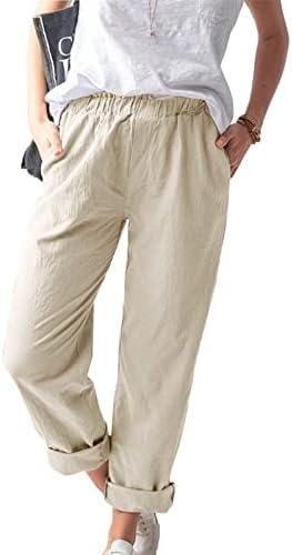 Calça de linho de algodão Mulheres calças casuais de verão com bolsos soltos Caminhadas soltas Solididade de cintura alta