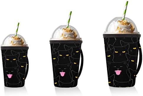Catos pretos bonitos amimais de capa de café gelado reutilizável com manga de neoprene para refrigerante, café com leite, chá, bebidas,