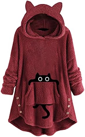 Sherpa feminino Fuzzy Pullover Sweatshirt de mole de grandes dimensões Casaco de manga longa de ouvido de gato de gato com bolsos