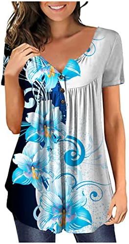 Blusa feminina outono verão 2023 Roupa de manga curta V Botão gráfico de algodão de pescoço para cima camiseta superior