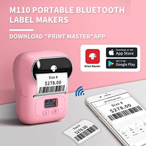 Machine-Machine-Phomemo M110 de gravadora rosa Bluetooth Bluetooth Térmica Maker Impressora para código de barras, pano, preço, jóias, casa de negócios, com 3-roll 1.96 x3.14, para iOS e Android