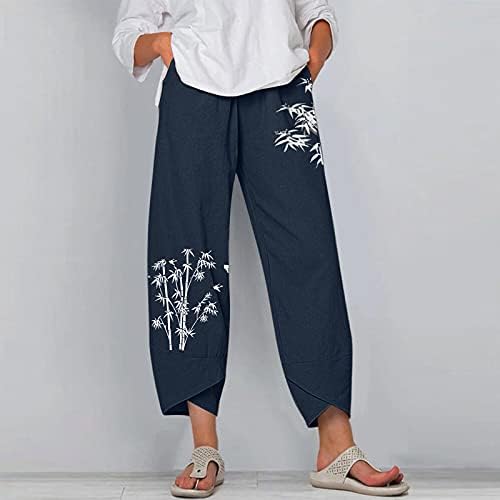 Calças de linho de algodão da feminina meymia calças de impressão largo de impressão larga pernas com calças elásticas com bolsos
