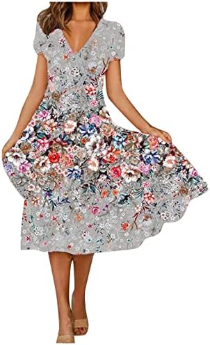 Vestidos de primavera adhowbew para mulheres estampas florais de manga curta v vestido de linha um vestido fofo
