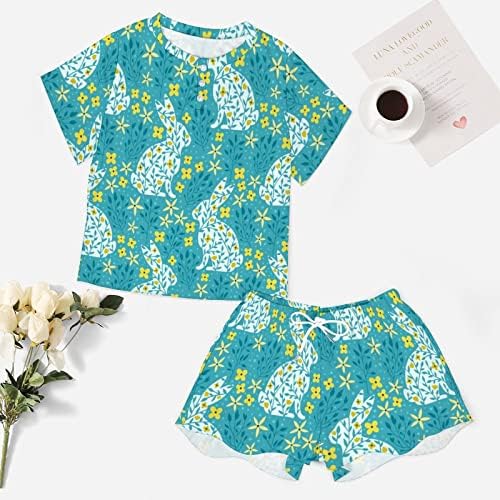 Spring Floral and Rabbit Feminino 2PCS Sleepwear Conjunto de pijamas casuais camisetas e shorts ternos de serviço doméstico