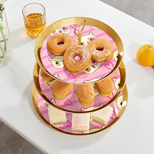 Bolo Stands Conjunto de 3, gato em listras rosa Pedestal Display Table Sobersert Cupcake Stand para Celebração do chá de bebê de