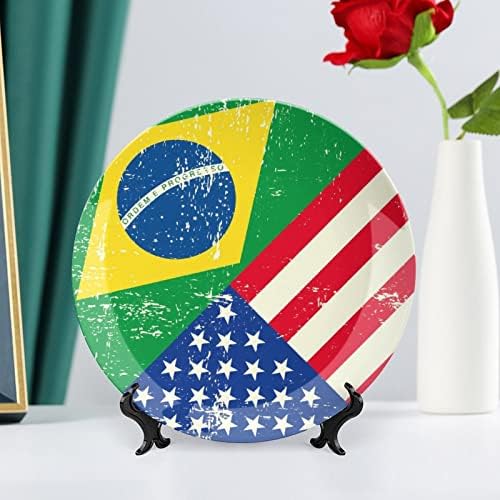 American e Brasil Flag Personalizado China China personalizada Placas decorativas de cerâmica Casa redonda com suporte de exibição 10 polegadas