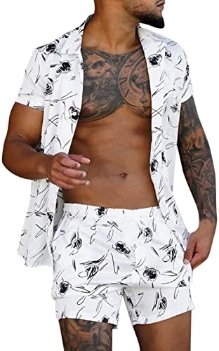Narhbrg Summer Hawaiian Shirts definido para masculino de manga curta de botão curta Beach Hawaii Shirt Suits