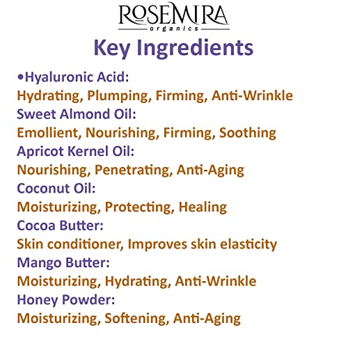 Rosemira Organics Organic Face Cream - O hidratante - com ácido hialurônico 1 mês de fornecimento - fabricado nos EUA