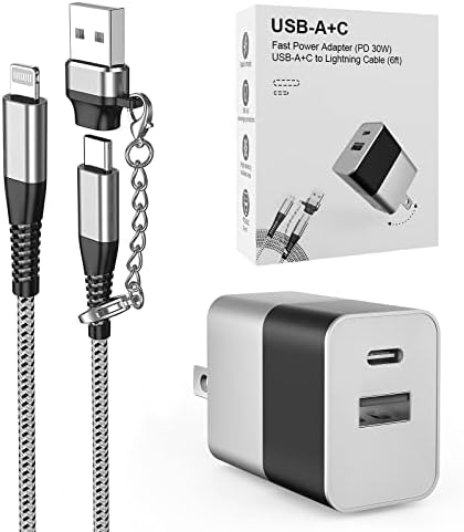 Apple MFI Certified iPhone 14/13 Bloco de carregador e um cabo de 6 pés de comprimento, porta dupla de 30w Plugue de