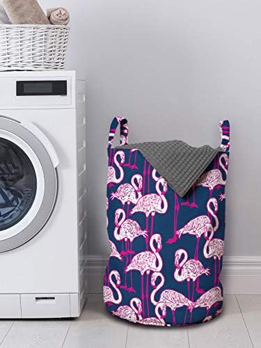 Bolsa de lavanderia de animais de Ambesonne, desenhos animados de filmes exóticos Flamingos imagens em estilo natural de estilo desenhado, cesta de cesto com alças fechamento de cordas para lavanderias, 13 x 19, rosa e azul escuro