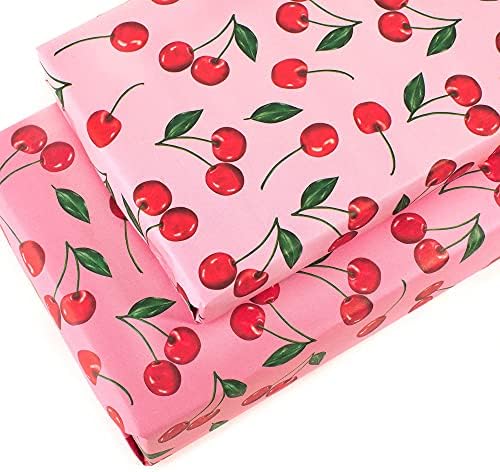 Central 23 - Papel de embrulho rosa - Impressão de cereja - 6 lençóis de presente - embrulho de aniversário para mulheres