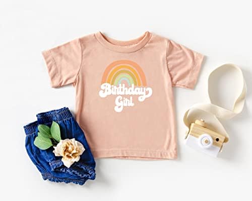 Retro Rainbow Birthday menina camisa colorida para roupas de aniversário para meninas para bebês e crianças pequenas