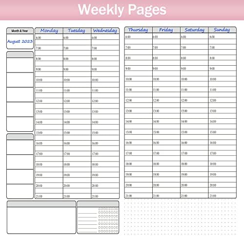 Planejador diário sem data 2023-2024, planejador A5, rosa, 256 páginas, planejador de calendário semanal e mensal para a escola, cronograma